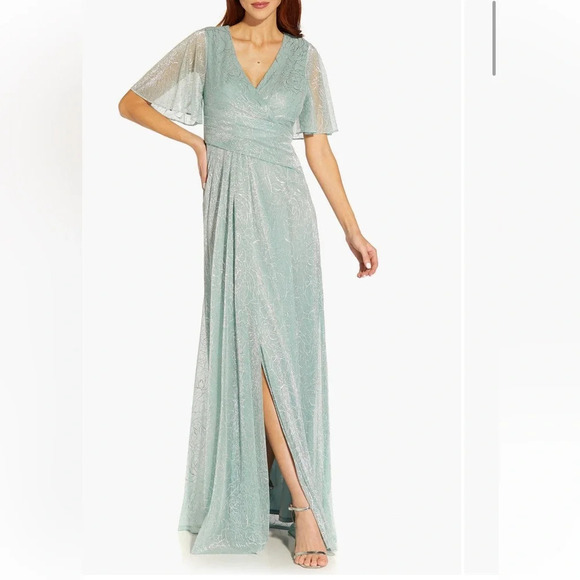 Adrianna Pappell Metallic A Line Draped Formal Dress Maxi Black Tie Size 10 - Picture 3 of 11